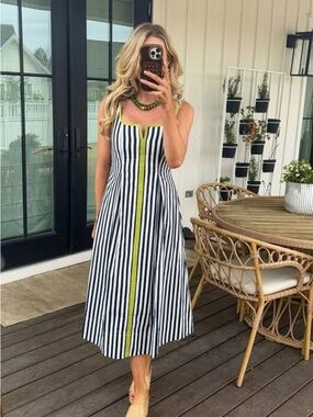 Striped navy & White Midi Dress with Lime Trim
